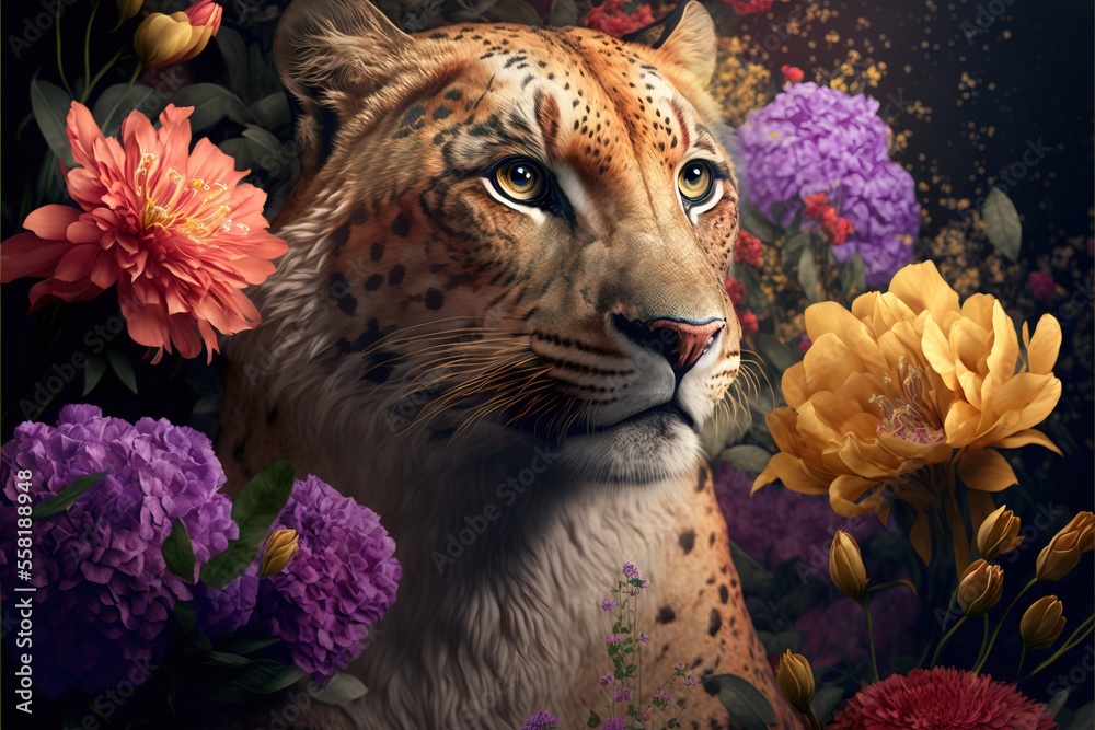 Wall mural  a painting of a tiger surrounded by flowers and other wildflowers, with a black background and a gold frame around the image of the tiger's face and the tiger's head. generative ai