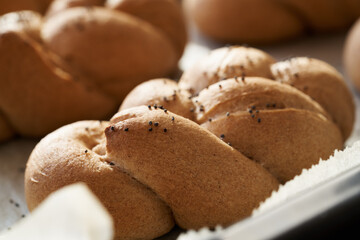 Baked braided bread buns made from whole grain spelt flour on a baking sheet