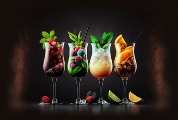 illustration, different cocktails prepared with fruits, 3D illustration - obrazy, fototapety, plakaty