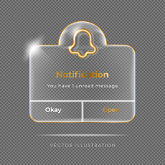 3D glass Reminder with Golden outline bell. Notifications page with floating elements. Vector Illustration in minimal 3D style