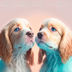 Two beautiful little dogs in love, cuddling and hugging each other. Animal illustration portrait. Spring colors and flowers. Pastel creative puppy concept. Illustration. Generative AI.