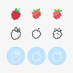 Set of different pink simple raspberries and outlines in black lines