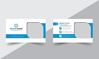 Blue modern & minimal business card with photo, simple clean design template, vector design, professional business card template, visiting card template. double sided business card design template 