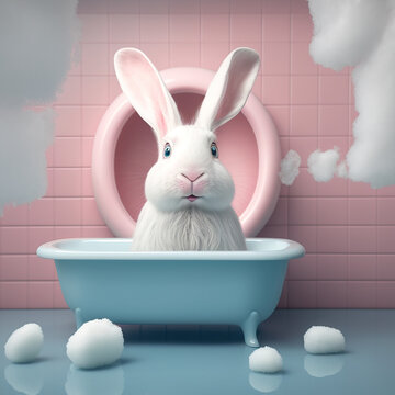 Little cute white bunny is bathing in a blue bathtub, illustration of a bunny in the pastel pink bathroom. Illustration. Generative AI.