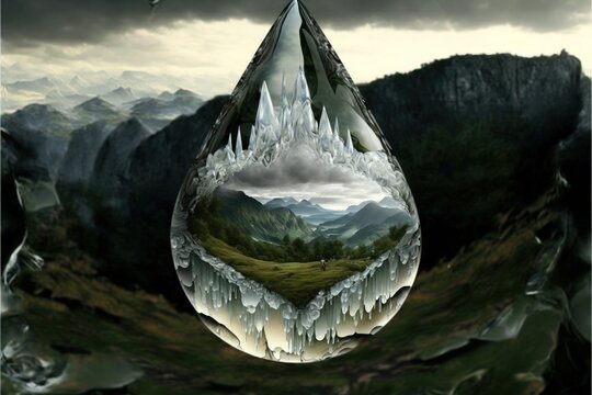  a drop of water with mountains in the background and a bird flying over the top of the drop that is floating in the air above the water and below it is a mountai Generative AI