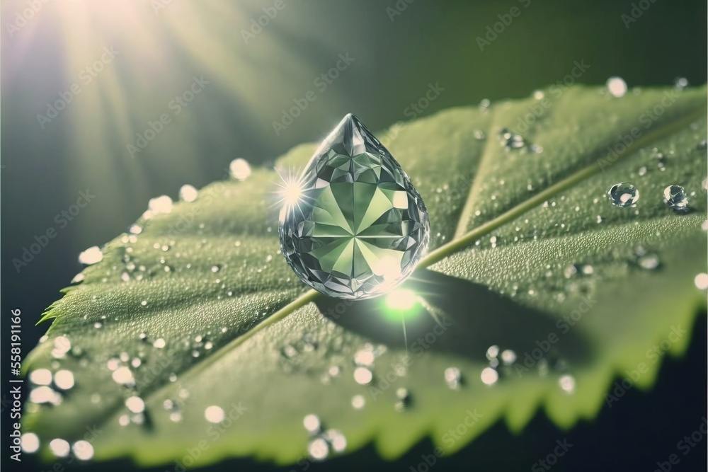 Canvas Prints  a green leaf with water droplets on it and a sunburst in the background with a green leaf with water droplets on it and a green background with water droplets on it and a. Generative AI