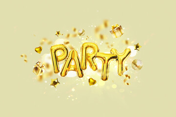 Gold Party Balloons fly with golden gifts, confetti, mirrored balloons, stars and hearts on a beige...