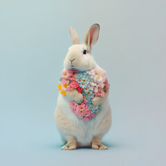 Cute little white Easter bunny covered with pastel fresh spring flowers. Little rabbit. Pastel blue background. Illustration. Generative AI.