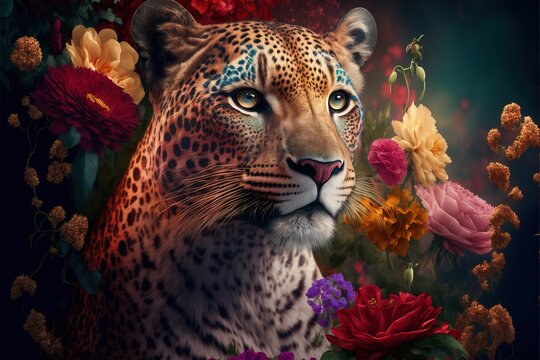  a painting of a leopard surrounded by flowers and flowers on a black background with a blue sky in the background and a red rose in the middle of the foreground, and a leopard's head. generative ai