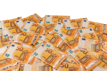 Banknotes of fifty euro scattered in top view, financial concept and textures patterns