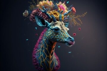 Obraz premium a giraffe with a bunch of flowers on it's head and a bunch of feathers on its head and a bunch of flowers on its head, all over its head, against a dark background.