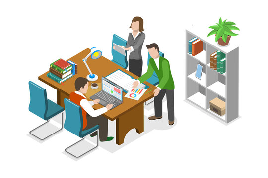 3D Isometric Flat  Conceptual Illustration of Team Discussion