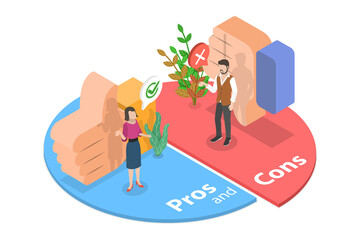 3D Isometric Flat  Conceptual Illustration of Cons And Pros