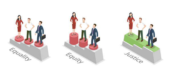 3D Isometric Flat  Conceptual Illustration of Equality vs Equity vs Justice
