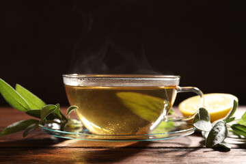 Cup of aromatic herbal tea and fresh sage on wooden table