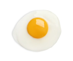 Tasty fried chicken egg isolated on white, top view