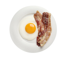 Tasty fried egg with bacon in plate isolated on white, top view