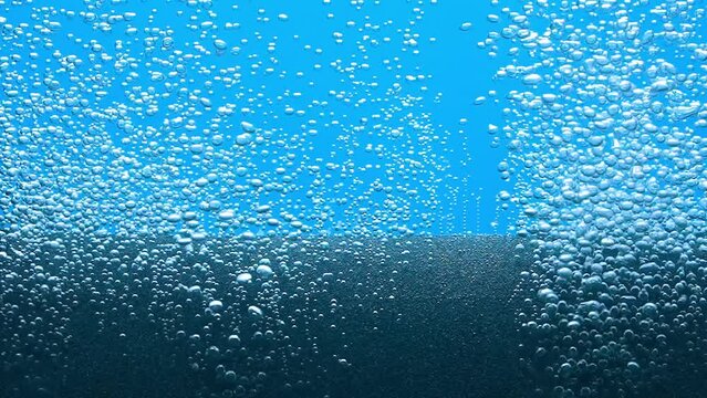 Small shiny air bubbles escaping from grey paralon compressor tube or filter under water. Macro shot of working equipment for aeration of water with oxygen in aquarium on blue background. Slow motion.
