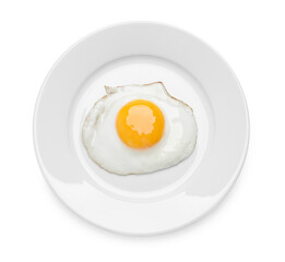 Plate with delicious fried egg isolated on white, top view