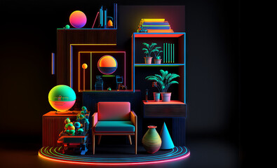 Colorful Abstract arrangement of furniture and geometric shape on a black background.  
generative ai