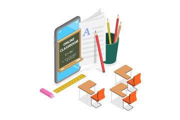 3D Isometric Flat  Conceptual Illustration of Online School