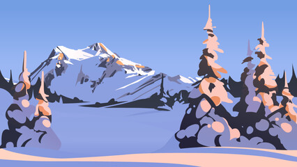 Winter landscape at sunset. Mountains in the distance, pines in the foreground. Vector illustration