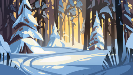 Winter pine forest landscape at sunset with tracks in the snow. Vector illustration