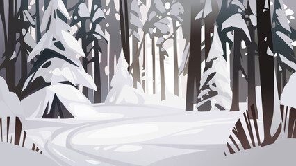 Winter pine forest landscape with tracks in the snow. Vector illustration
