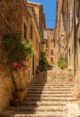 Fototapeta na wymiar A typical Mediterranean street in the town of Fornalutx on the island of Mallorca/Majorca