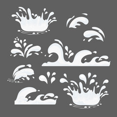 Splashes, drops of milk. Vector set on a gray background.