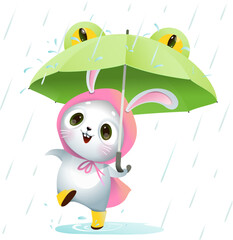 Happy baby bunny jumping dancing with umbrella under the rain, wearing raincoat. Cute rabbit in rainy weather with funny frog umbrella. Vector childish animal clip art drawing.