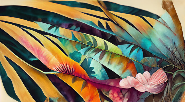 Colorful vintage organic background with green tropical leaves and flowers, web banner format
