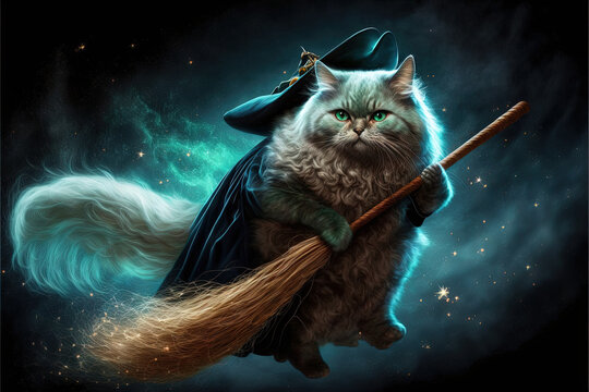 epiphany hag cat riding a broom illustration generative ai