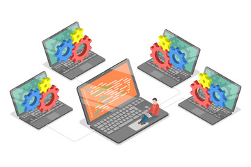 3D Isometric Flat  Conceptual Illustration of Centralized Database System