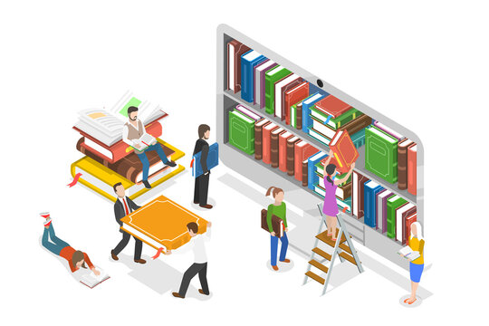3D Isometric Flat  Conceptual Illustration of Online Library