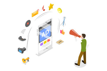 3D Isometric Flat  Conceptual Illustration of Mobile Advertising