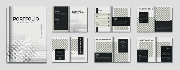 Architecture black and white portfolio design template, architecture and interior professional portfolio layout, print ready template, a4 standard size  brochure for architecture portfolio