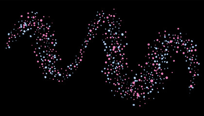 Confetti with blue and pink glitter on a black background. Shiny particles are scattered. Decorative element. Luxury background for your design, postcards, invitations, vector