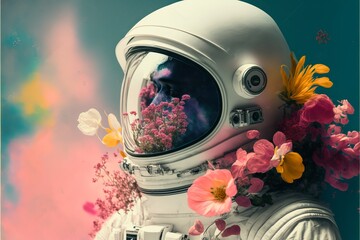 Astronaut with beautiful spring flowers on his helmet. Generative AI