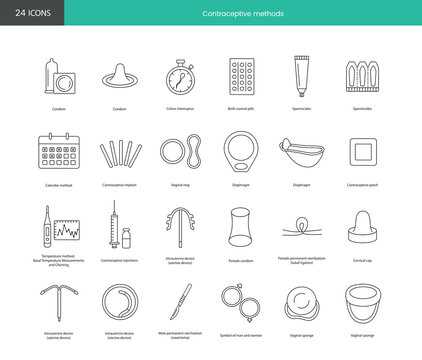 Methods of contraception from pregnancy icon line in vector, illustration vaginal sponge and male and female permanent sterilization, vasectomy and intrauterine device, cervical cap, female condom.