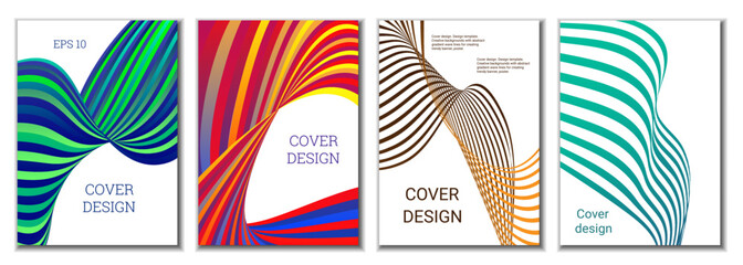 A set of 4 abstract covers. Wavy parallel gradient lines, ribbons evolve. Cover design, background. Trendy banner, poster.