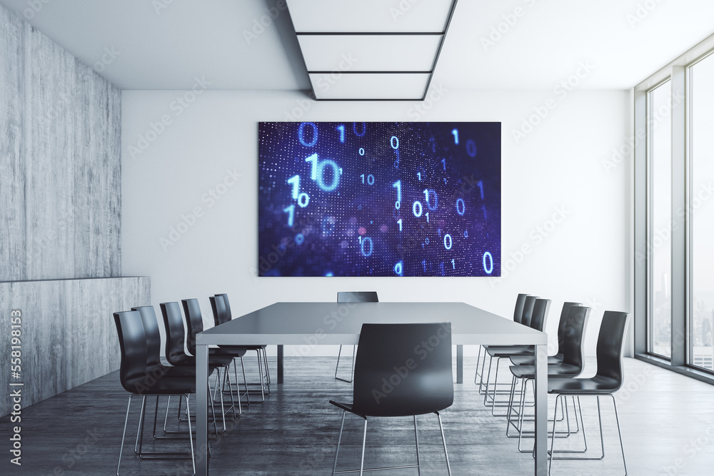 Leinwandbilder creative abstract binary code hologram on presentation tv screen in a modern meeting room. database 