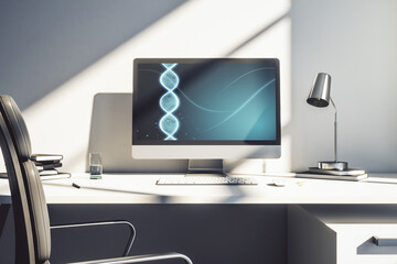 Modern computer monitor with creative DNA hologram. Bio Engineering and DNA Research concept. 3D Rendering