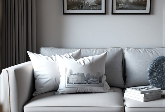 A Couch With Two Pictures On The Wall Above It And A Lamp On The Side Of The Couch In Front Of The Couch Is A White Chair With A Black And White Throw Pillow On It.