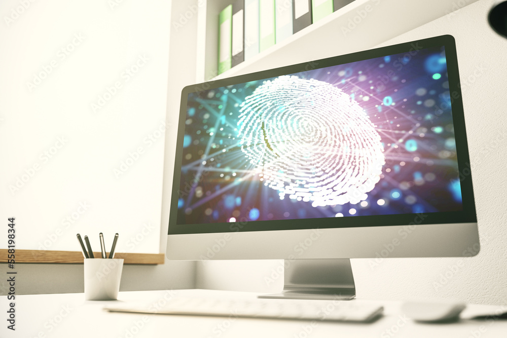 Leinwandbilder computer monitor with abstract creative fingerprint illustration, personal biometric data concept. 3