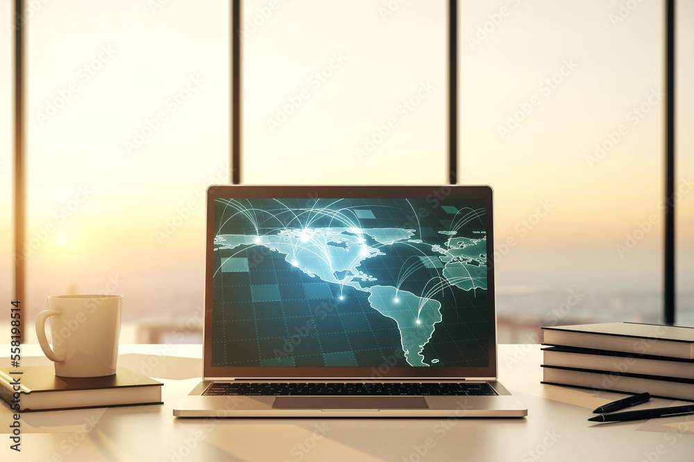 Poster abstract digital world map with connections on modern computer monitor, big data and blockchain conc