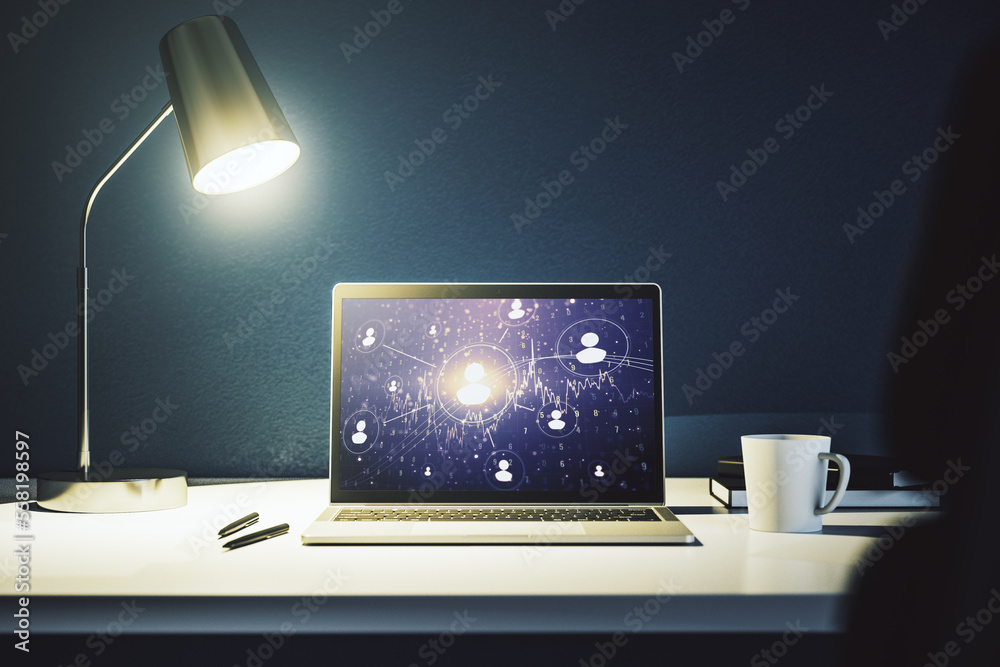 Poster social network concept on modern laptop screen. 3d rendering