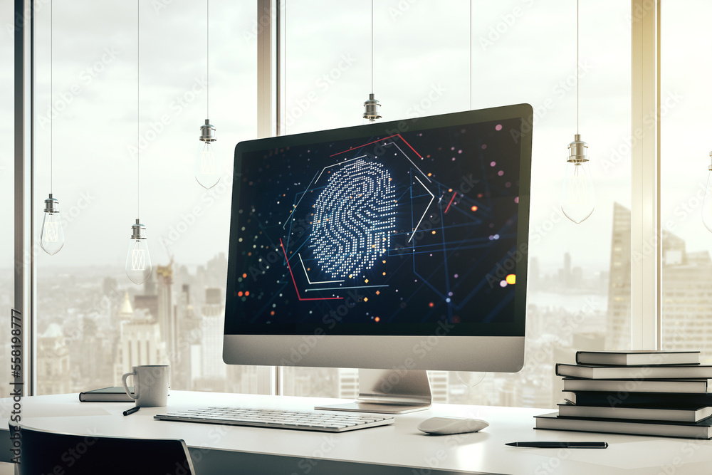 Aufkleber Modern computer display with abstract graphic fingerprint sketch, fingerprint scan data concept. 3D Rendering