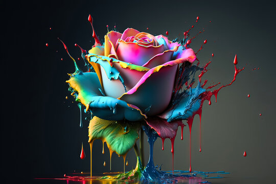 Amazing Abstract single picture of a rose flower splashed with watercolors. Love and relationship concept. Generative AI.