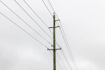 Photograph of a green wooden powerline pole with a multitude of transmission wires and connectors